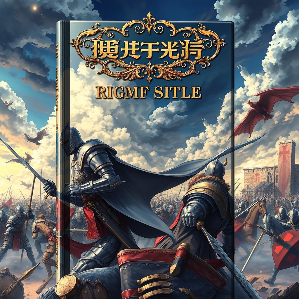 A detailed anime-style book cover set in a medieval era, featuring an intense war scene with knights in shining armor, epic battles, and a dramatic sky