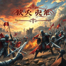 A detailed anime-style book cover set in a medieval era, featuring an intense war scene with knights in shining armor, epic battles, and a dramatic sky