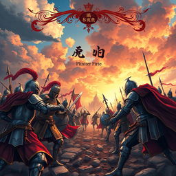 A detailed anime-style book cover set in a medieval era, featuring an intense war scene with knights in shining armor, epic battles, and a dramatic sky