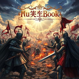 A detailed anime-style book cover set in a medieval era, featuring an intense war scene with knights in shining armor, epic battles, and a dramatic sky