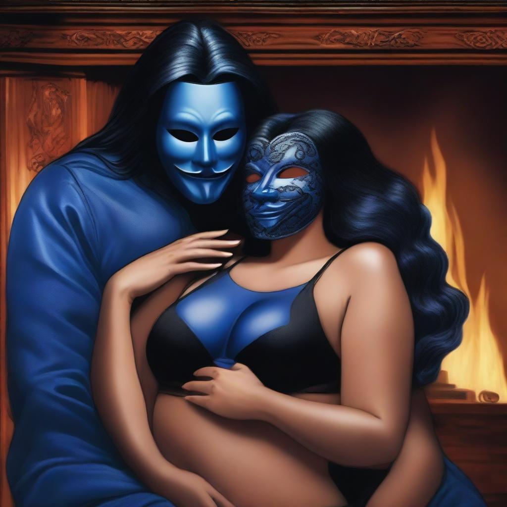 Create an image of a woman with long black hair and very large breasts wearing black lingerie, embracing a blue-skinned man with his face covered by a mask