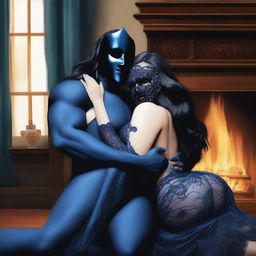 Create an image of a woman with long black hair and very large breasts wearing black lingerie, embracing a blue-skinned man with his face covered by a mask