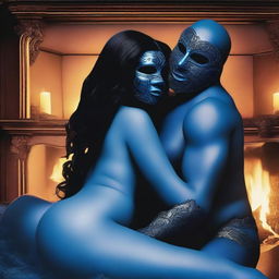 Create an image of a woman with long black hair and very large breasts wearing black lingerie, embracing a blue-skinned man with his face covered by a mask