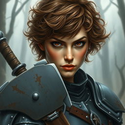 A beautifully painted portrait of a female axe fighter in full armor with short, curly, brown-colored hair