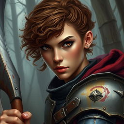 A beautifully painted portrait of a female axe fighter in full armor with short, curly, brown-colored hair