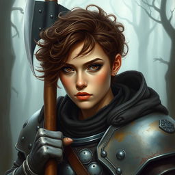 A beautifully painted portrait of a female axe fighter in full armor with short, curly, brown-colored hair