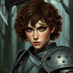 A beautifully painted portrait of a female axe fighter in full armor with short, curly, brown-colored hair