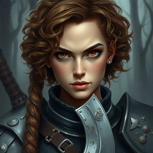 A beautifully painted portrait of a female axe fighter in full armor with short, curly, brown-colored hair