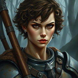 A beautifully painted portrait of a female axe fighter in full armor with short, curly, brown-colored hair