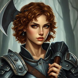 A beautifully painted portrait of a female axe fighter in full armor with short, curly, brown-colored hair