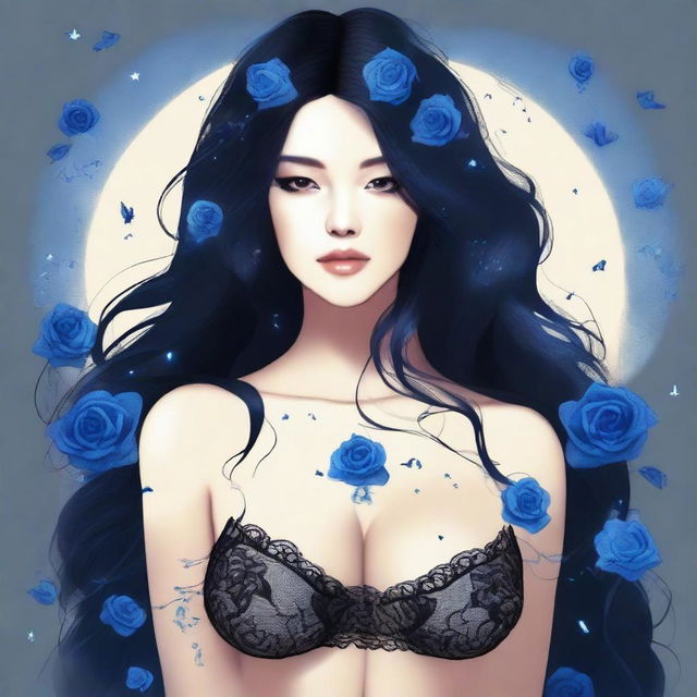 Create an image of a woman with long black hair and very large breasts, wearing black lingerie