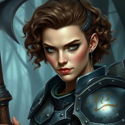 A beautifully painted portrait of a female axe fighter in full armor with short, curly, brown-colored hair