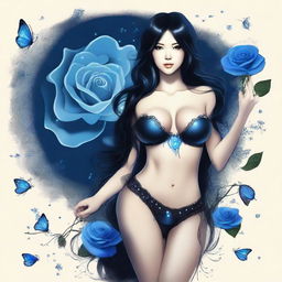 Create an image of a woman with long black hair and very large breasts, wearing black lingerie