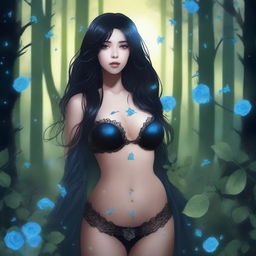 Create an image of a woman with long black hair and very large breasts wearing black lingerie, standing in a forest at night