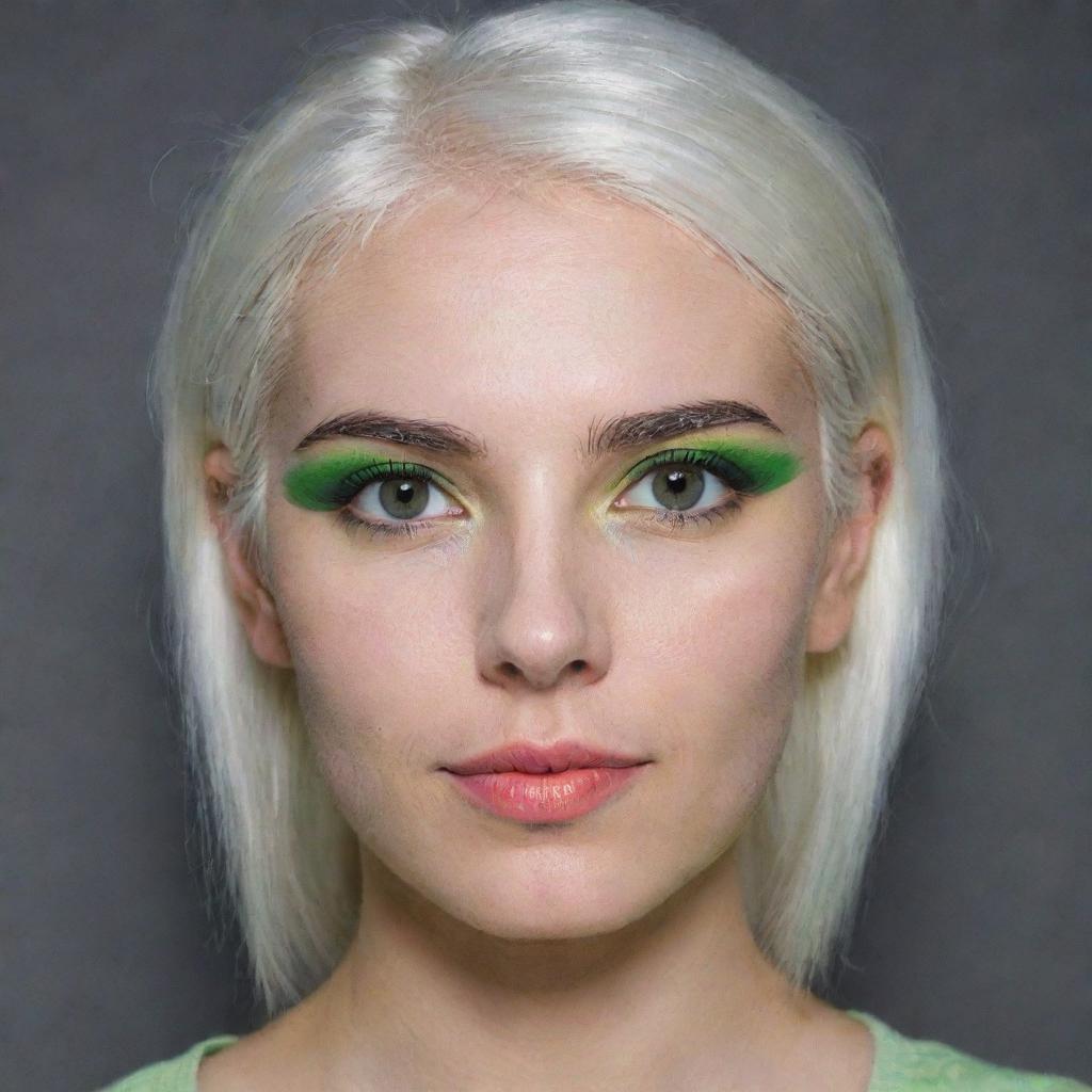 Photograph of a 30-year-old girl, of average build, with white hair and bright makeup. She has long square proportional facial features, dimples in her cheeks, bow lips, large black eyebrows, smooth medium green eyes, and swarthy skin