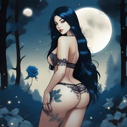 Create an image of a woman with long black hair and very large buttocks wearing black lingerie, standing in a forest at night, looking at the moon