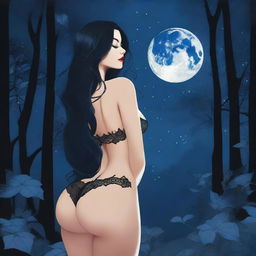 Create an image of a woman with long black hair and very large buttocks wearing black lingerie, standing in a forest at night, looking at the moon