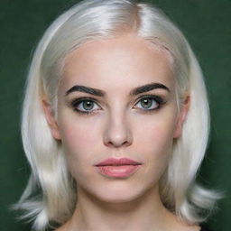 Photograph of a 30-year-old girl, of average build, with white hair and bright makeup. She has long square proportional facial features, dimples in her cheeks, bow lips, large black eyebrows, smooth medium green eyes, and swarthy skin