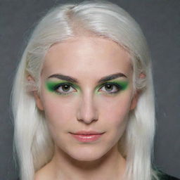 Photograph of a 30-year-old girl, of average build, with white hair and bright makeup. She has long square proportional facial features, dimples in her cheeks, bow lips, large black eyebrows, smooth medium green eyes, and swarthy skin