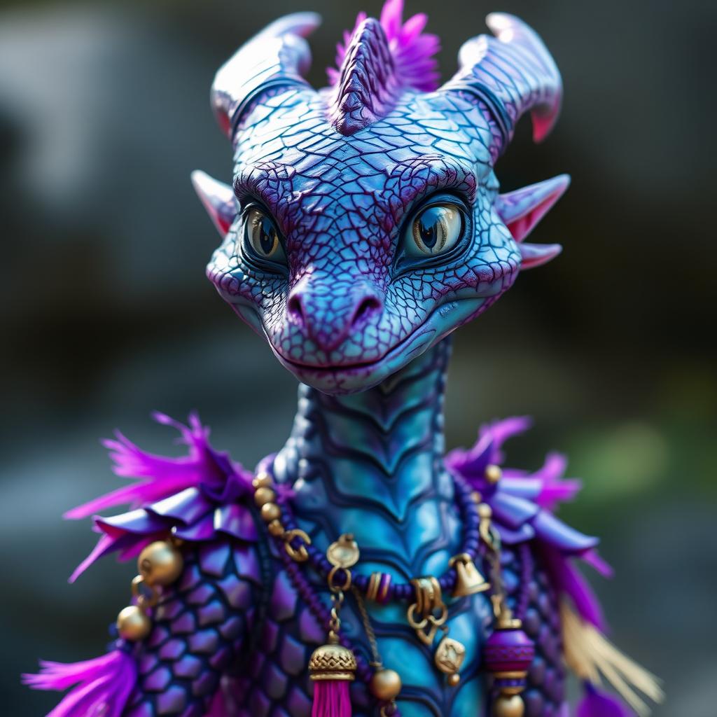 A slender, amethyst-scaled Dragonborn with iridescent scales that shimmer in shades of purple, blue, and silver, stands with a sly grin