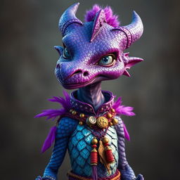 A slender, amethyst-scaled Dragonborn with iridescent scales that shimmer in shades of purple, blue, and silver, stands with a sly grin