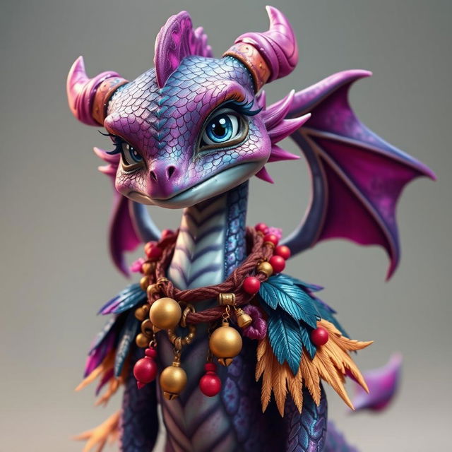 A slender, amethyst-scaled Player Dragon-born with iridescent scales that shimmer in shades of purple, blue, and silver, stands with a sly grin