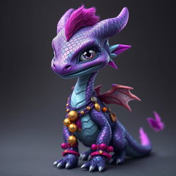 A slender, amethyst-scaled Player Dragon-born with iridescent scales that shimmer in shades of purple, blue, and silver, stands with a sly grin