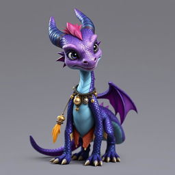 A slender, amethyst-scaled Player Dragon-born with iridescent scales that shimmer in shades of purple, blue, and silver, stands with a sly grin