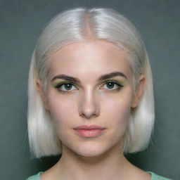 Photograph of a 30-year-old girl, of average build, with white hair and bright makeup. She has long square proportional facial features, dimples in her cheeks, bow lips, large black eyebrows, smooth medium green eyes, and swarthy skin