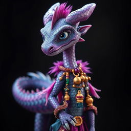 A slender, amethyst-scaled Half Dragon Half Human with iridescent scales that shimmer in shades of purple, blue, and silver, stands with a sly grin