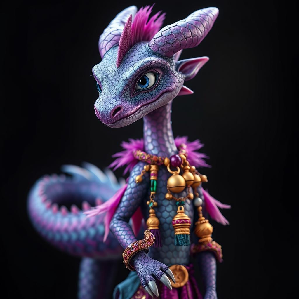 A slender, amethyst-scaled Half Dragon Half Human with iridescent scales that shimmer in shades of purple, blue, and silver, stands with a sly grin