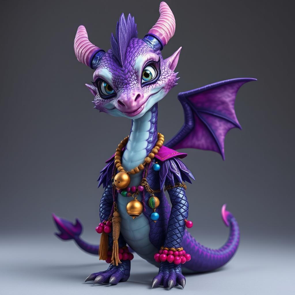 A slender, amethyst-scaled Half Dragon Half Human with iridescent scales that shimmer in shades of purple, blue, and silver, stands with a sly grin