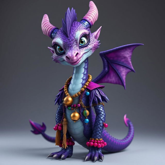 A slender, amethyst-scaled Half Dragon Half Human with iridescent scales that shimmer in shades of purple, blue, and silver, stands with a sly grin