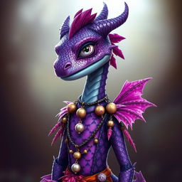 A slender, amethyst-scaled Half Dragon Half Human with iridescent scales that shimmer in shades of purple, blue, and silver, stands with a sly grin