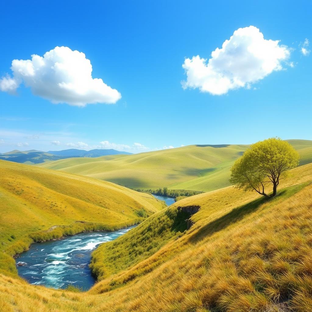 Create an image of a beautiful landscape with rolling hills, a clear blue sky, and a few fluffy white clouds