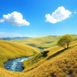 Create an image of a beautiful landscape with rolling hills, a clear blue sky, and a few fluffy white clouds