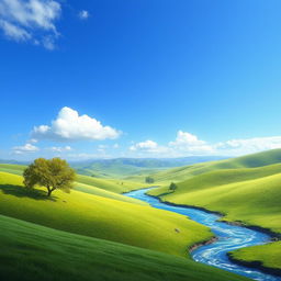 Create an image of a beautiful landscape with rolling hills, a clear blue sky, and a few fluffy white clouds