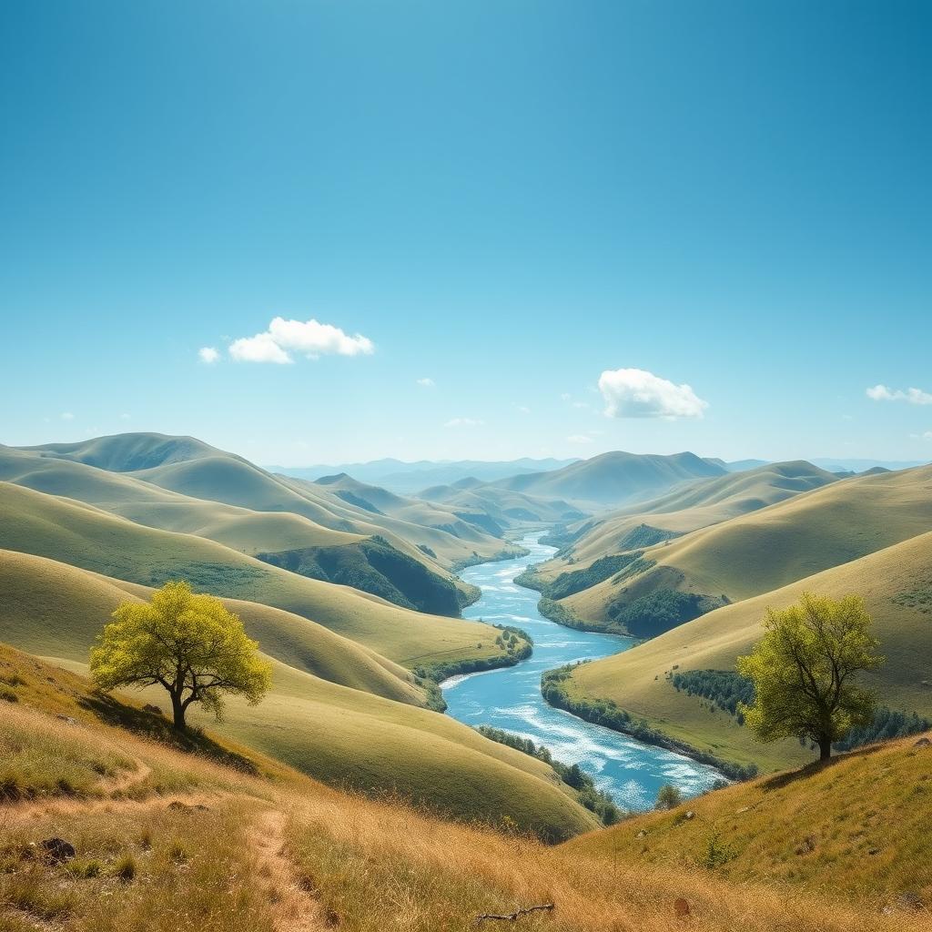 Create an image of a beautiful landscape with rolling hills, a clear blue sky, and a few fluffy white clouds