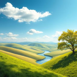 Create an image of a beautiful landscape with rolling hills, a clear blue sky, and a few fluffy white clouds