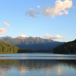 A serene landscape featuring a calm lake surrounded by lush green trees and mountains in the background