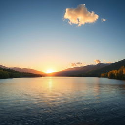 A serene landscape featuring a calm lake surrounded by lush green trees and mountains in the background