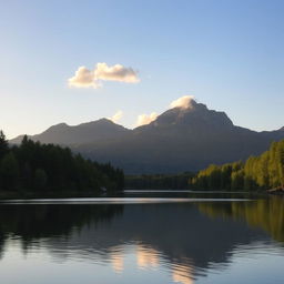 A serene landscape featuring a calm lake surrounded by lush green trees and mountains in the background