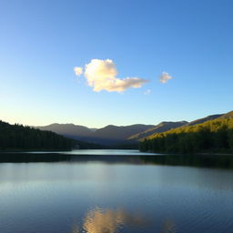 A serene landscape featuring a calm lake surrounded by lush green trees and mountains in the background