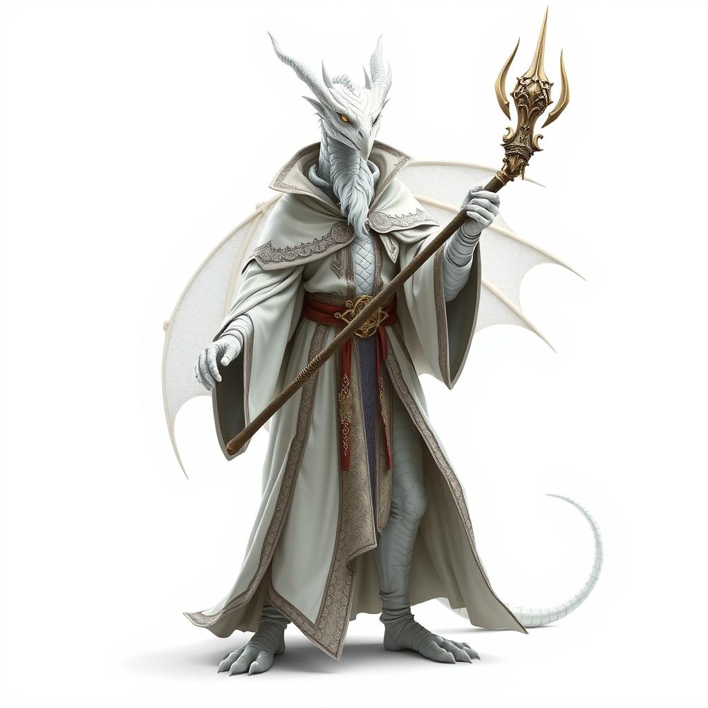 A full-body depiction of a white dragonborn wizard standing on a white background