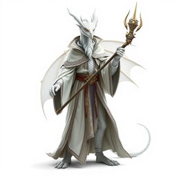 A full-body depiction of a white dragonborn wizard standing on a white background