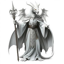 A full-body depiction of a white dragonborn wizard standing on a white background