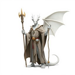 A full-body depiction of a white dragonborn wizard standing on a white background