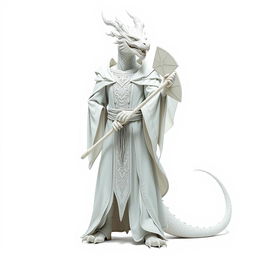 A full-body depiction of a white dragonborn wizard standing on a white background