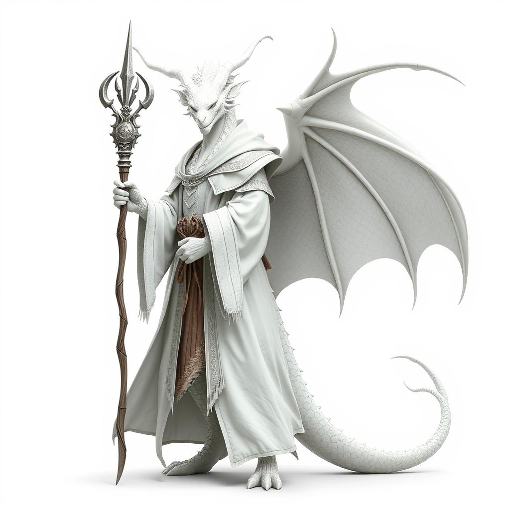 A full-body depiction of a white dragonborn wizard standing on a white background