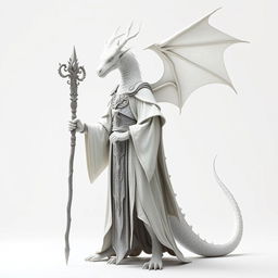 A full-body depiction of a white dragonborn wizard standing on a white background